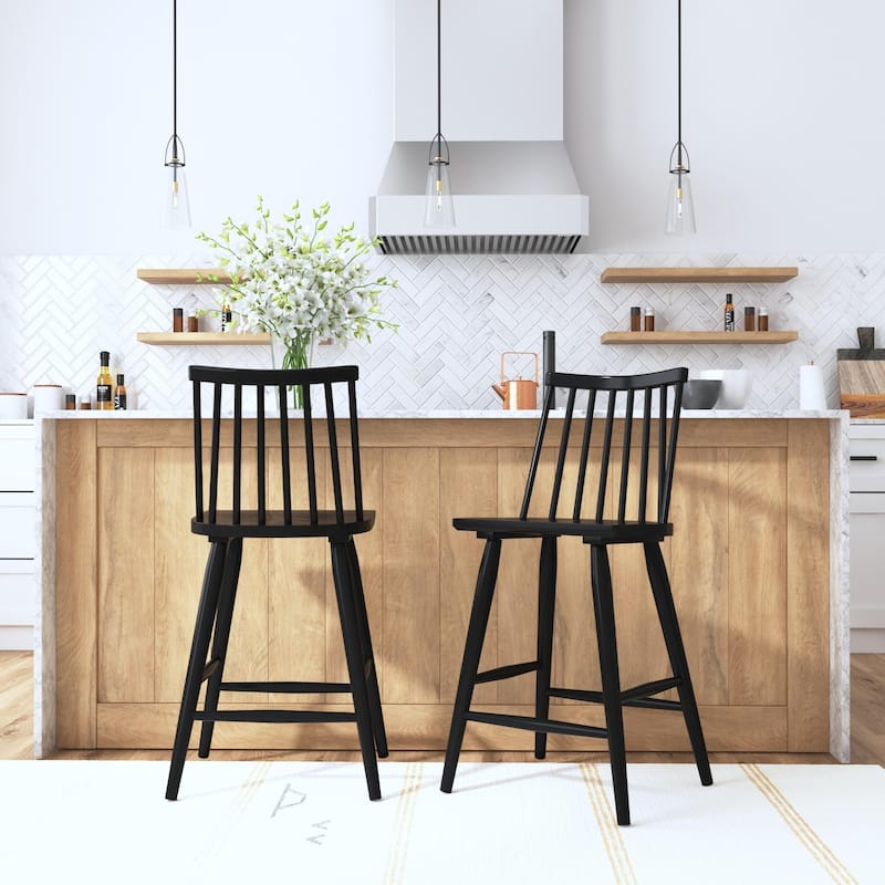 Anders Black Solid Rubberwood Spindle Counter Stool, Set of 2 by East at Main - Set of 2 - Black - Counter Height
