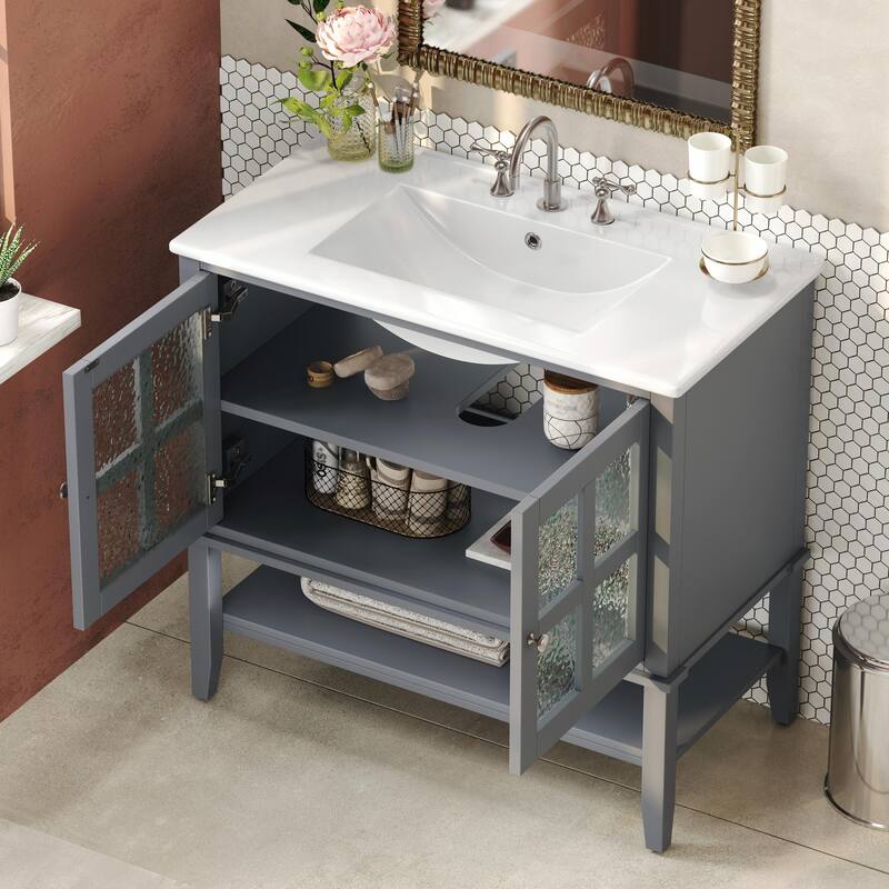 36" Bathroom Vanity with Ceramic Sink, Adjustable Shelf and Open Shelf, Solid Wood Legs, Waterproof Painted Finish