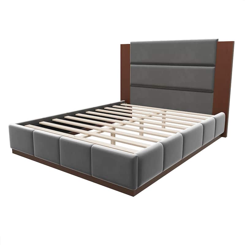 Upholstered Bed Low Profile Platform Bed Modern Wood Base Grounded Bed with Extended Wood Headboard and Upholstered Wingback