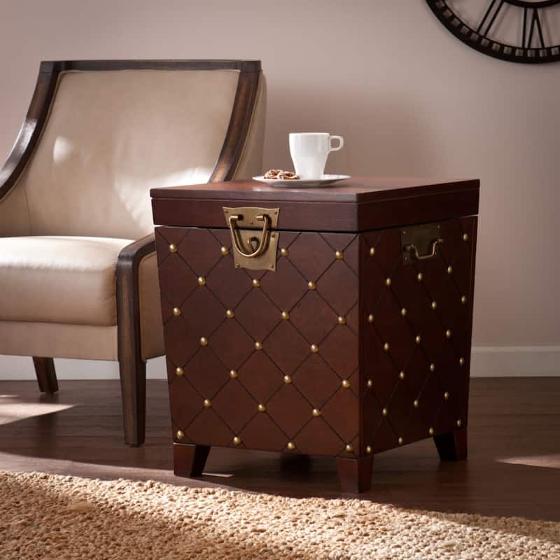 24" Brown MDF Wood Square End Table with Storage and Nailhead Trim for Living Room or Bedroom - 24"H x 21"L x 21.25"W