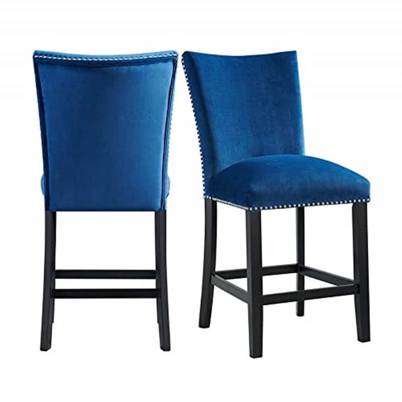Blue Velvet Counter Height Chairs - Set of 2, Modern Dining Bar Stools, Solid Back, Black Legs, 42" High - 42