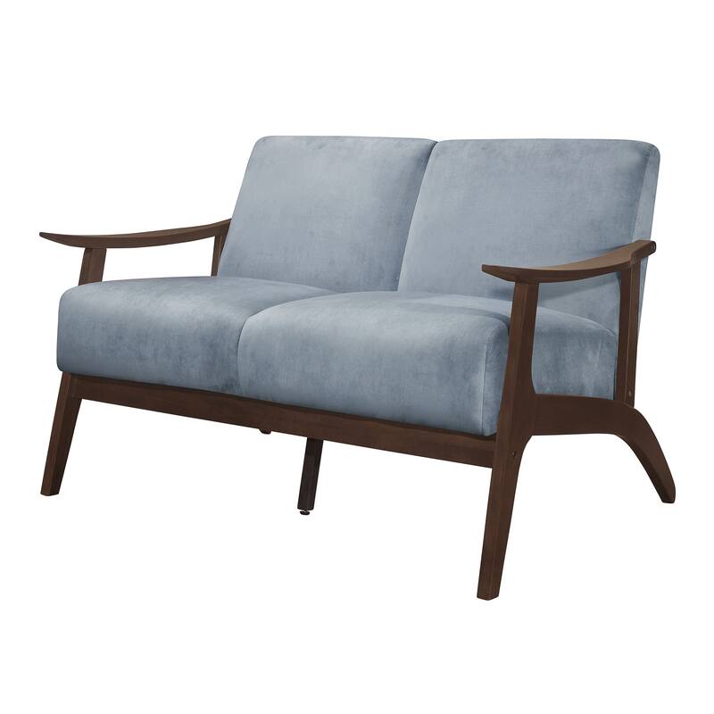 Rica 51 Inch Loveseat, Soft Blue Gray Velvet, Walnut Brown Solid Wood