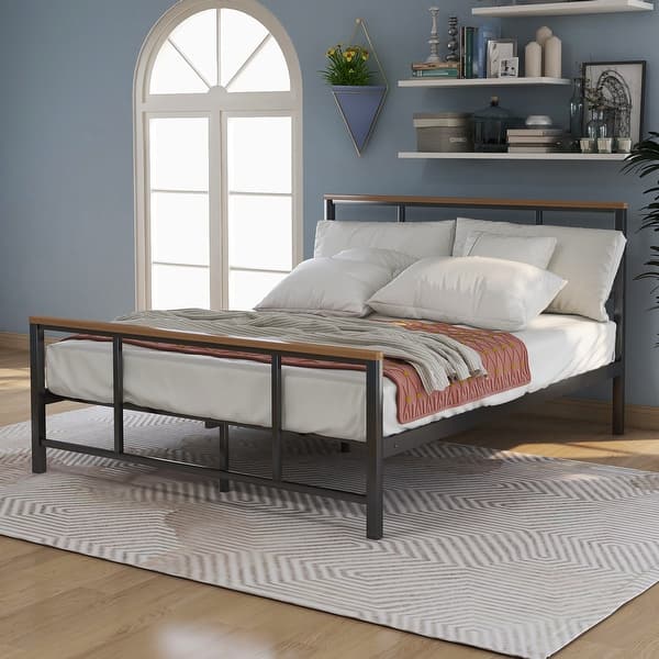 Shop Metal Bed With Wood Decoration Full Size Overstock