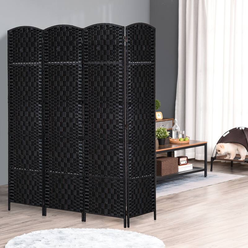6' Tall Wicker Weave 4 Panel Room Divider Privacy Screen - Black