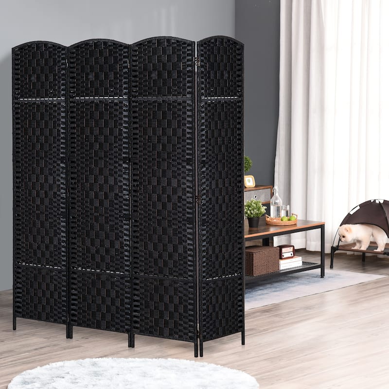 HomCom 6' Tall Wicker Weave Four Panel Room Divider Privacy Screen - Black Wood - Black