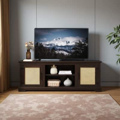 TV Stand for TVs up to 70" with Natural Rattan Doors, 2 Storage Cabinets, 3 Adjustable Shelves, Multifunctional Console Table