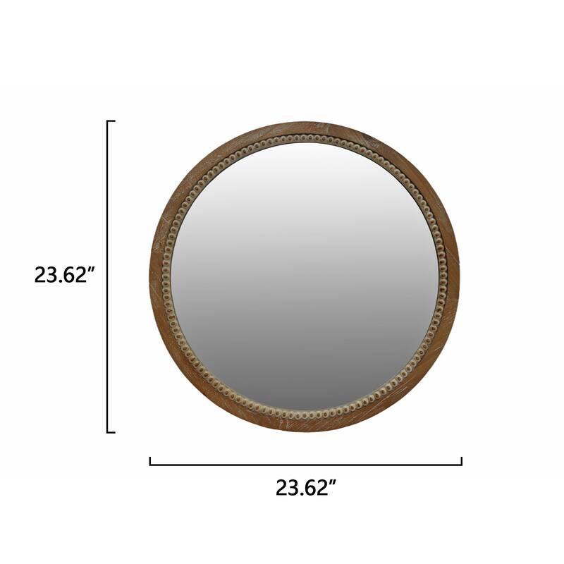 Round Distressed Wood Beaded Wall Mirror - Natural Wood