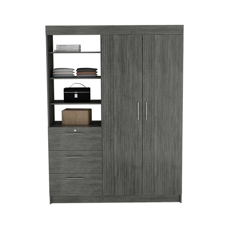 20.5" Modern Double-door Armoire with Three Large Drawers and 3-Tier Shelfs