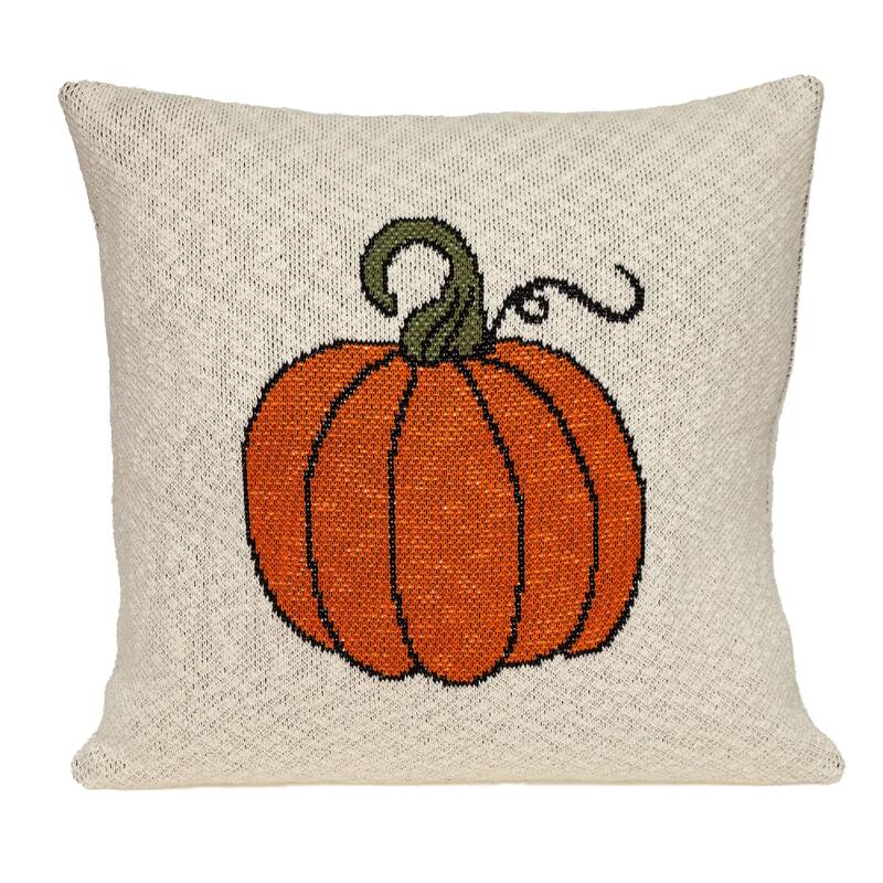 20" Beige and Orange Fall Harvest Pumpkin Knitted Throw Pillow