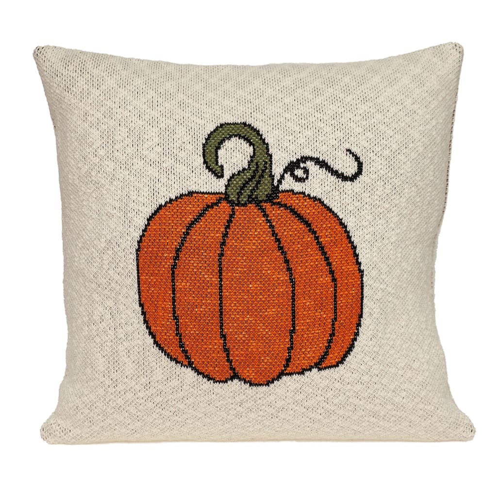 20" Beige and Orange Fall Harvest Pumpkin Knitted Throw Pillow