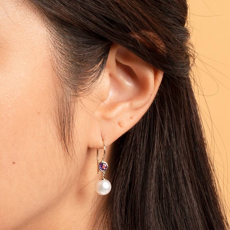 14k Yellow Gold Freshwater Pearl and Amethyst Birthstone Drop Earrings