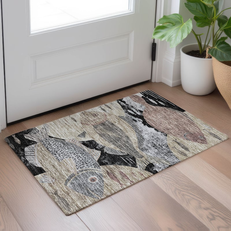 Machine Washable Indoor/ Outdoor Modern Fish Chantille Rug