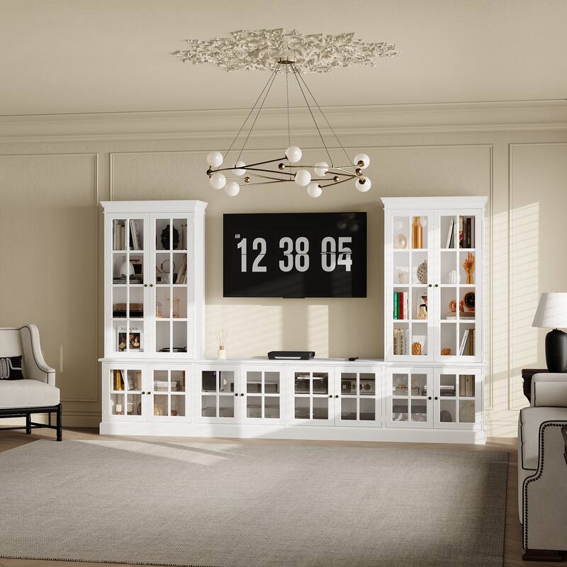 Bookshelves White Storage Unit Glass Display Doors Stylish TV Stand Entertainment Bookcase