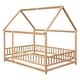preview thumbnail 36 of 37, Full Size Wooden Floor Bed with House Roof Frame and Fence Guardrails