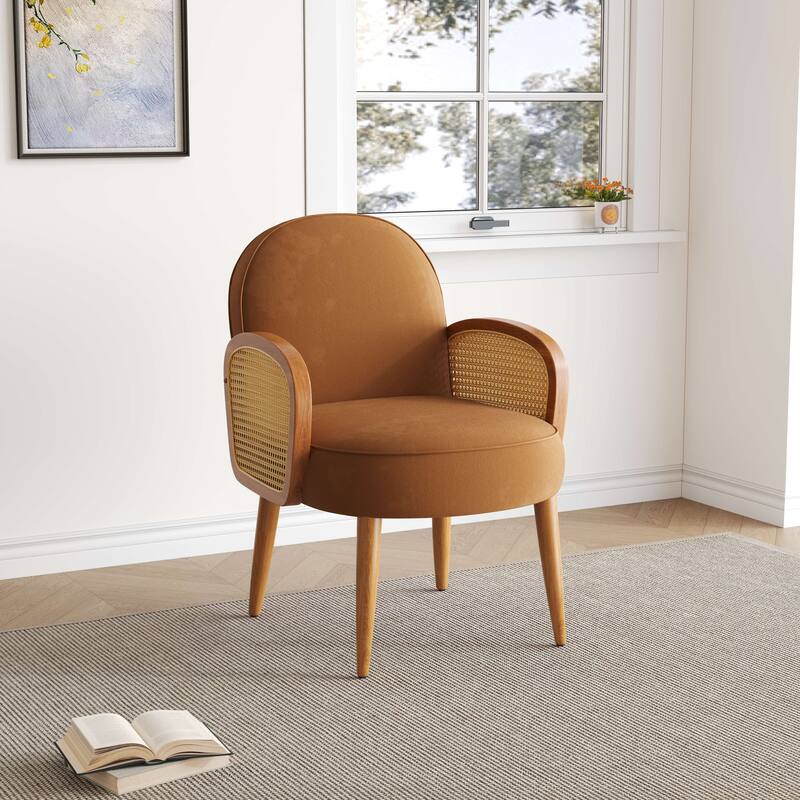 Mid-century Accent Chair with Rattan Armrests&Wooden Legs, for Living Room Reading Bedroom Balcony, Brown