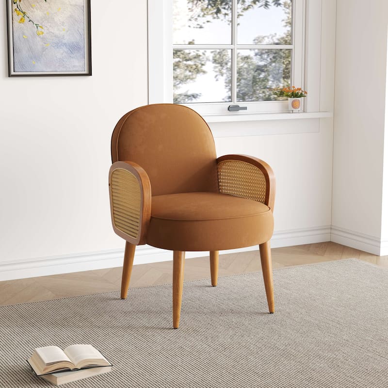 Velvet Accent Chair with Rattan Armrests