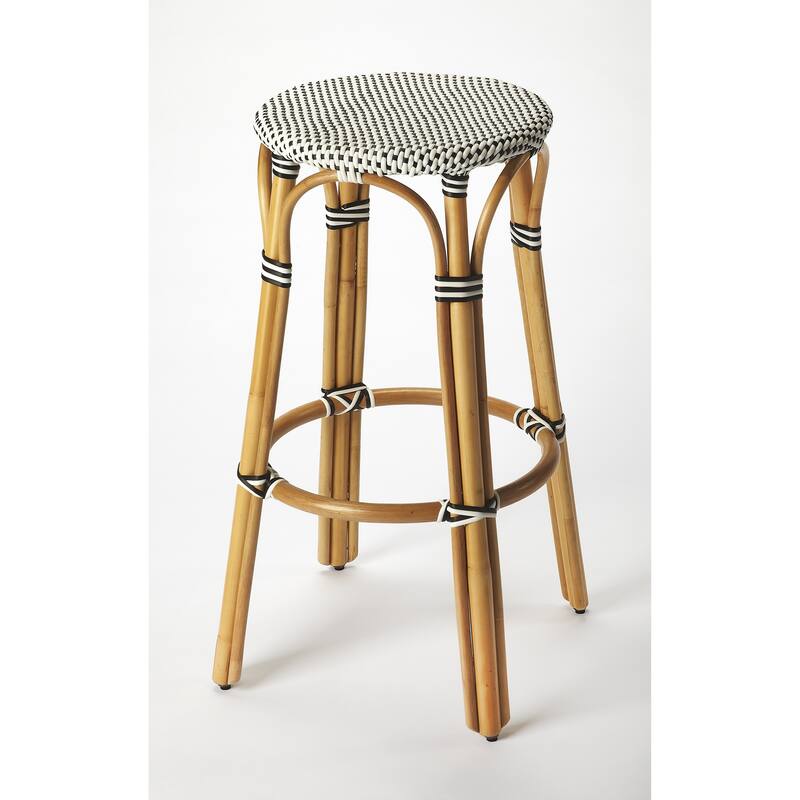 Tobias Rattan Round Bar Stool - White/Black Dot/ Natural Rattan Frame
