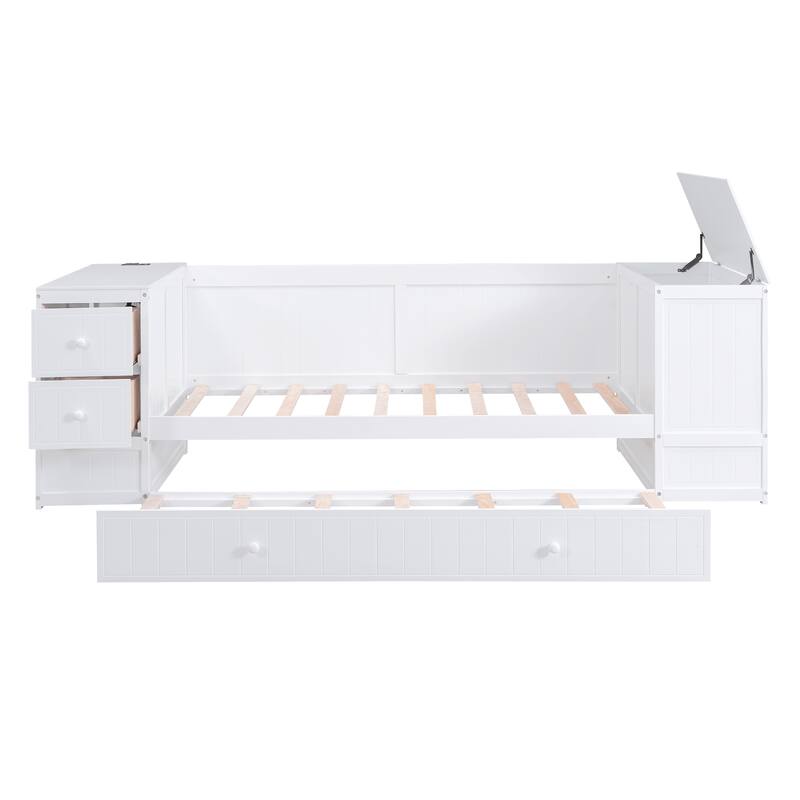 Twin Size Daybed with Storage, Trundle, and Charging Station in White