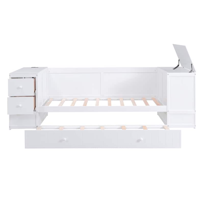 Wooden Bed Frame Low-Profile Daybed with Storage Arms and Charging Station, Trundle Bed with Wood Slat for Bedroom/Apartment