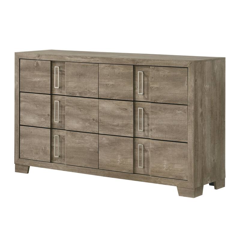 Dawson Light Brown Wood 6 Drawer Dresser with Mirror and Metal Pulls