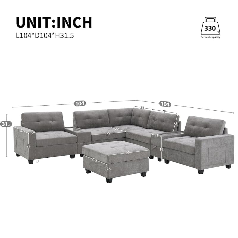 104" Chenille U-Shaped Sectional Sofa with Acrylic Table Tops 2 Consoles Storage Drawers USB Charging Movable Ottoman