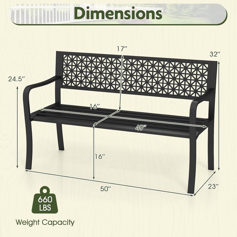 Metal Outdoor Bench Patio Bench with Geometric Backrest