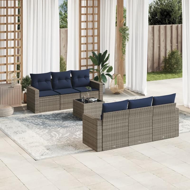 vidaXL Patio Sofa Set with Cushions Outdoor Furniture 7 Piece Poly Rattan - 25.8" x 24.4" x 27.2" - Beige and gray