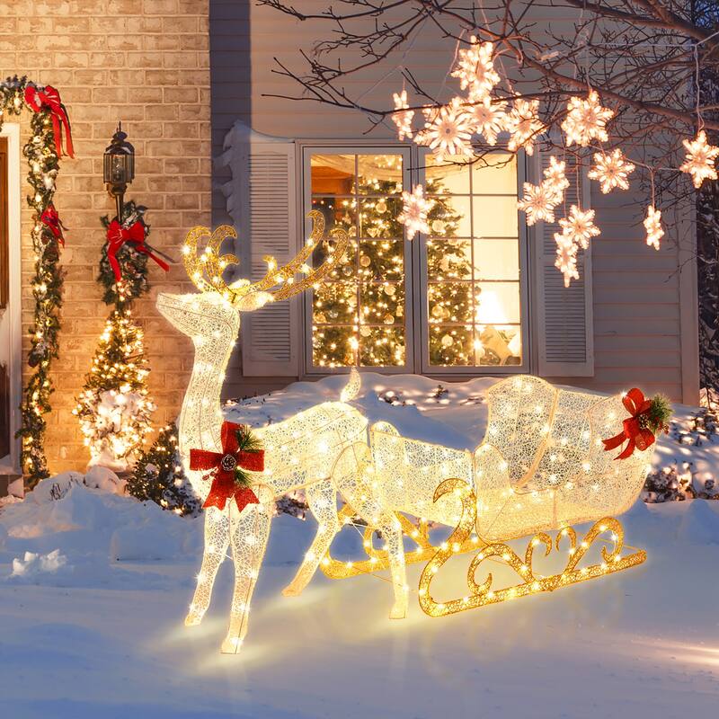 Costway Lighted Christmas Reindeer and Sleigh with 215 White LED - See Details