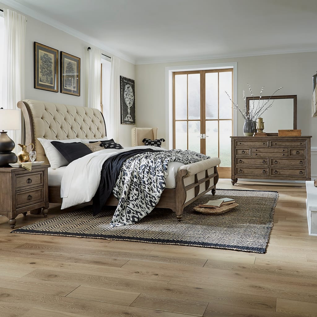 Americana Farmhouse Sleigh Bed, Dresser, Mirror, and Nightstand Bedroom Set