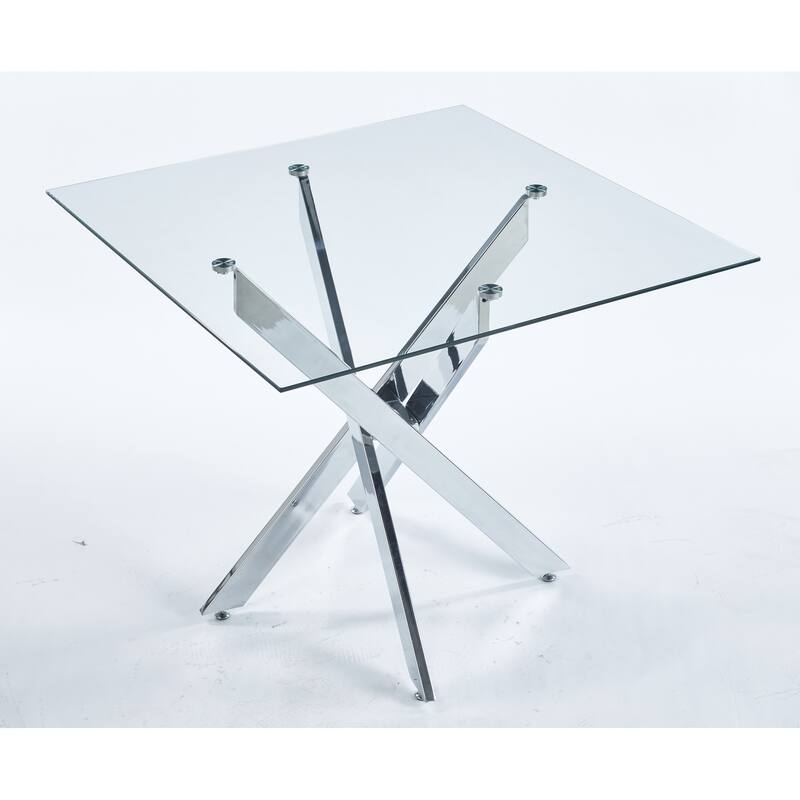 Modern Square Dining Table with Tempered Glass Top & Cross Metal Legs, Space-Saving for Kitchen and Living Room - Chrome