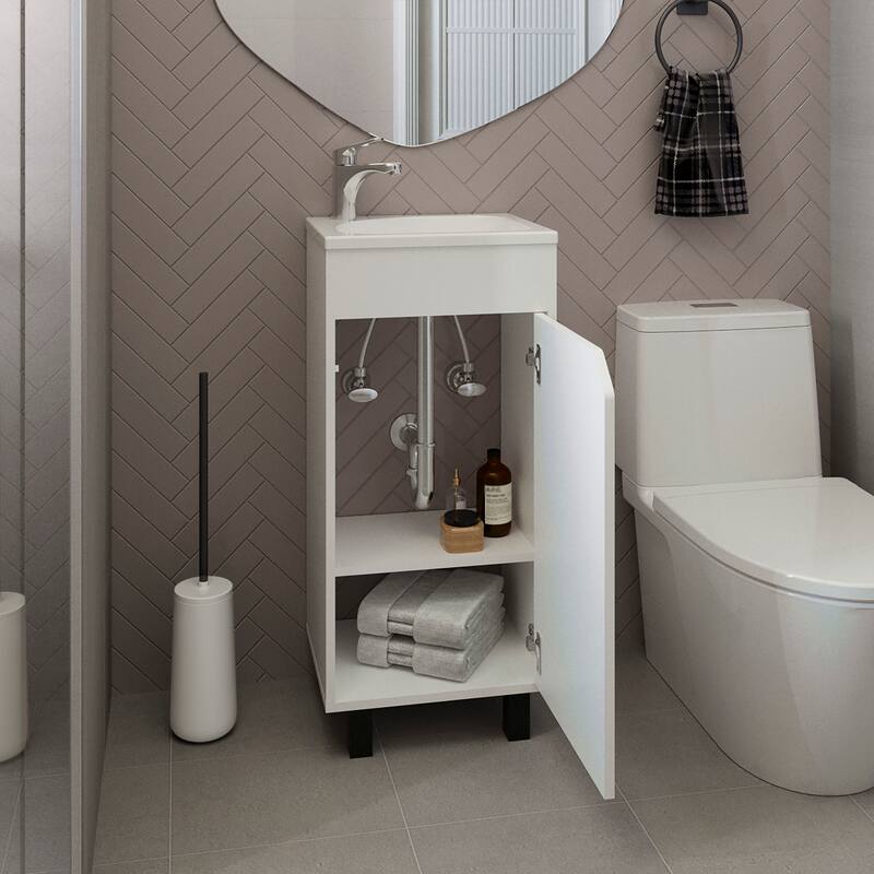 Wide One-Door Cabinet, Free Standing Vanity With Resin Sink And Two Shelves, Bathroom Storage,White