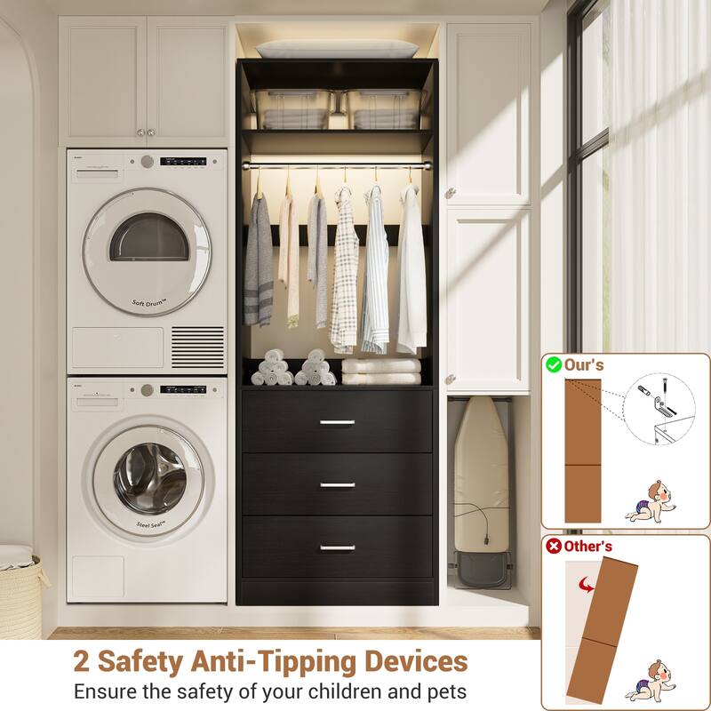Kyrvo Freestanding Closet Sytem with 3 Wooden Drawers and Hanging Rod and Storage Shelf, Walk-in Closet Organizer Wardrobe