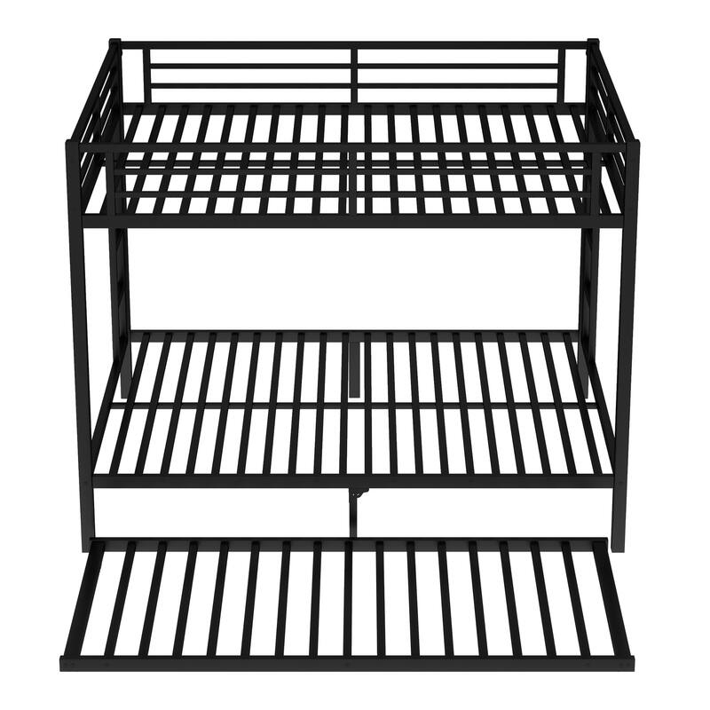 Queen over Queen Metal Bunk Bed with Twin Trundle, Black