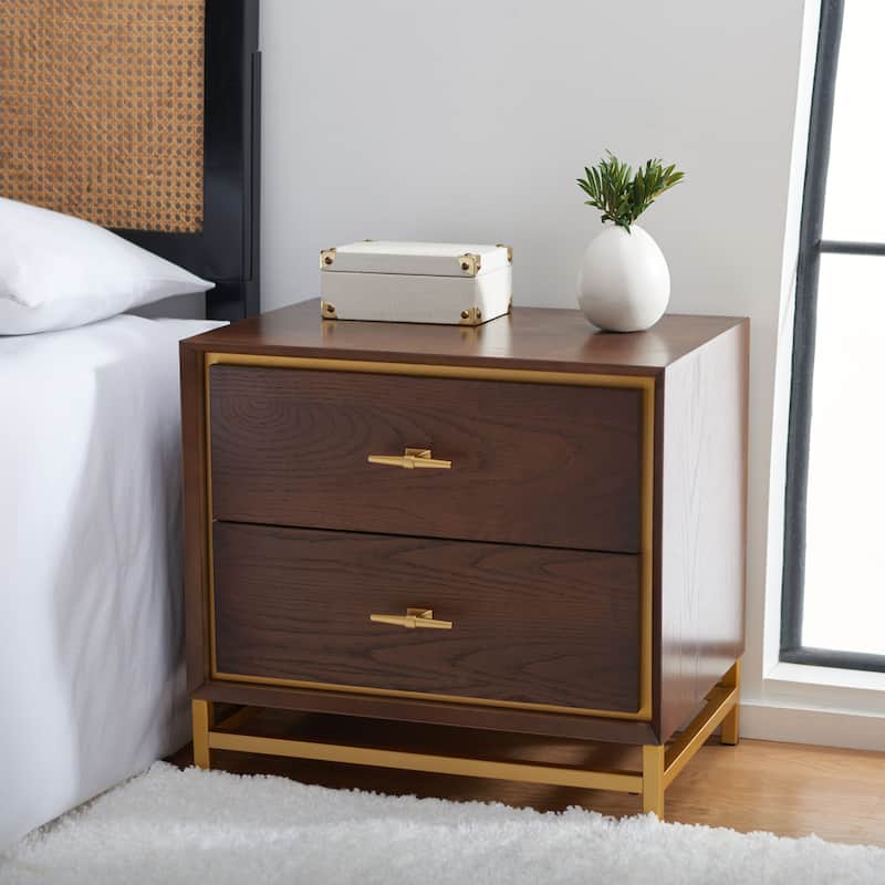 SAFAVIEH Jayla 2-Drawer Accent Table Nightstand - Walnut/Brass