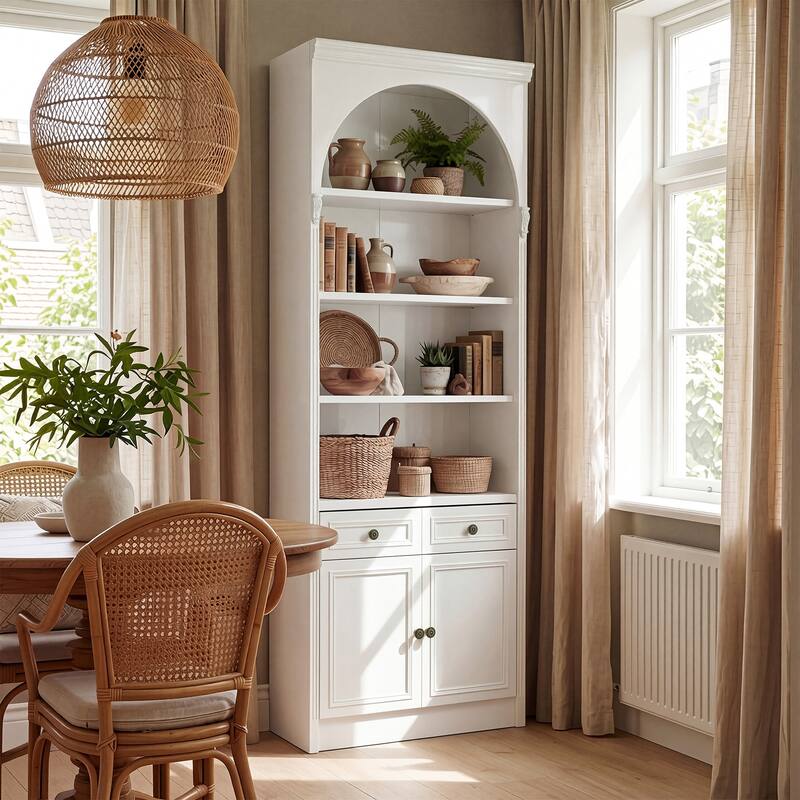 Modular White Bookcase with LED Lights & Glass Doors, 86.6" Tall Arched Display Cabinet Solid WoodStorage Cabinet