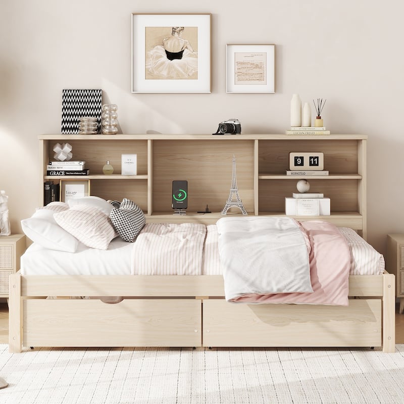 Bed Frame With Side Bookshelves,Two Drawers And Built-in USB Port