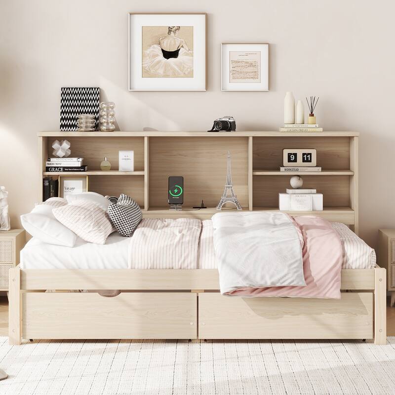 Twin Size Platform Bed with Built-in Bookcase, Adjustable Shelves, USB Charging Station, 2 Storage Drawers