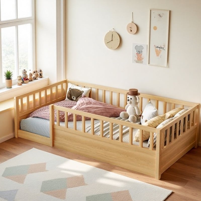 Twin Pine Montessori Floor Bed with High Safety Rails & Door Design, Low Profile Kids Wooden Bed