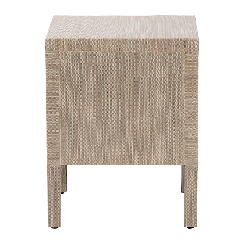 Juniper Grasscloth Nightstand with Scalloped Base - Woven Texture 2-Drawer Bedside Table with Gold Ring Pulls