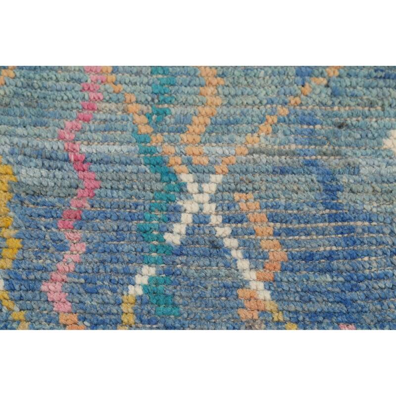Contemporary Blue Moroccan Runner Rug Hand-Knotted Wool Carpet - 2'10"x 16'1"