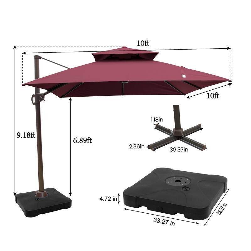 VredHom 10 Ft Square Dual Wind Vent Cantilever Patio Umbrella with Base