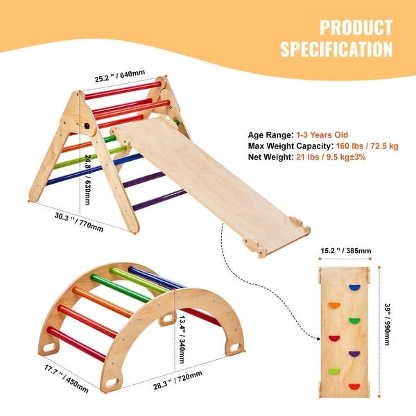 dimension image slide 2 of 4, Wood Climbing Toy Set Pine 5-in-1 Play Gym for Kid's
