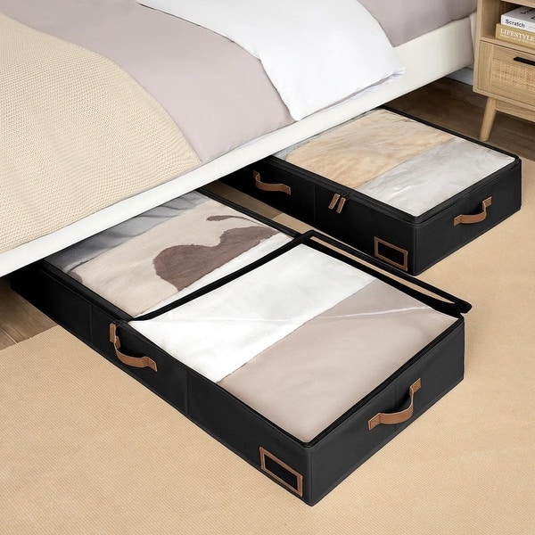 Large Underbed Storage Containers with Handles and Label Holder, Fabric Underbed Bins for Clothes, Blankets, Sweaters (Set of 2) - Black