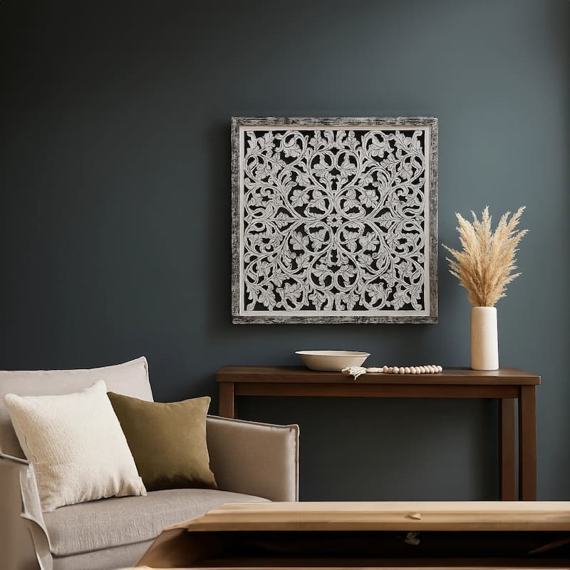 Ozy Carved Mango Wood Wall Decor 36 Inch Square Handcrafted Distressed Black & White