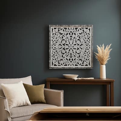 Ozy Carved Mango Wood Wall Decor 36 Inch Square Handcrafted Distressed Black & White