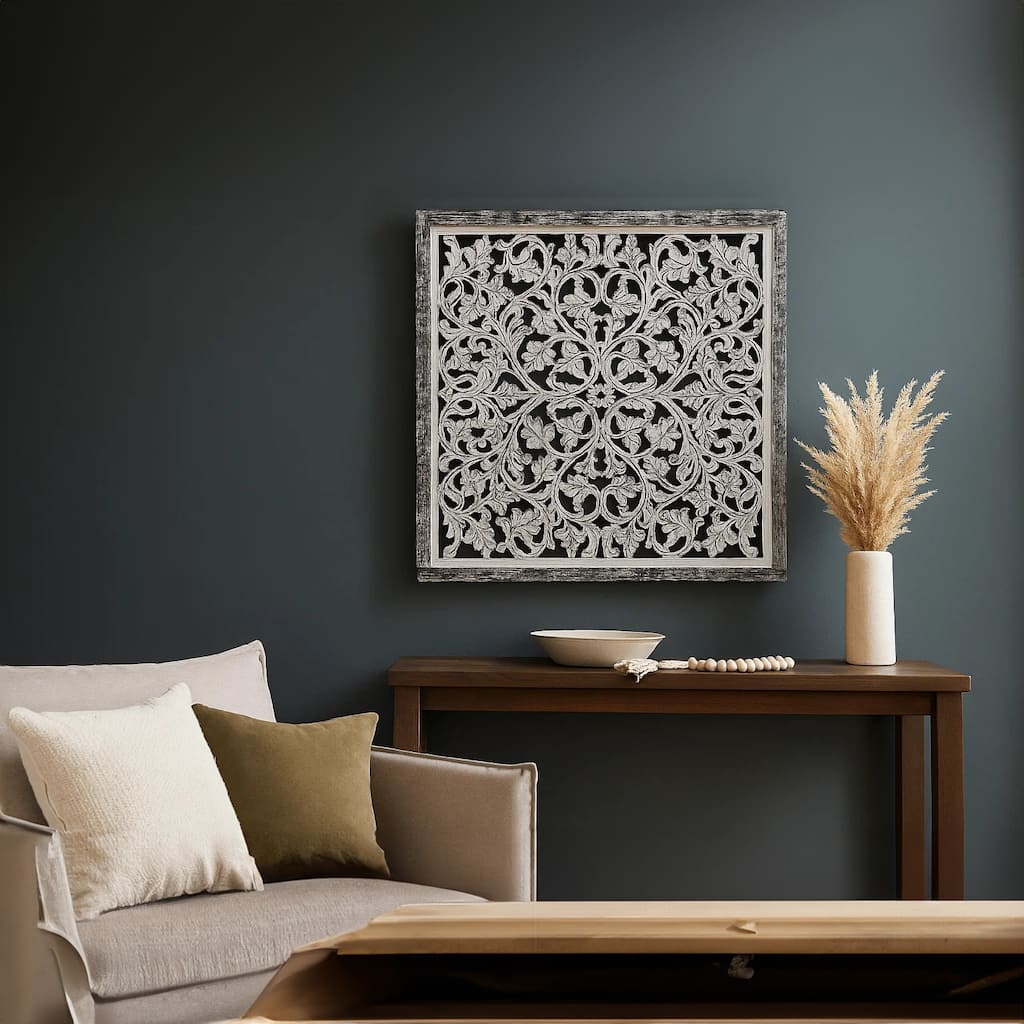 Ozy Carved Mango Wood Wall Decor 36 Inch Square Handcrafted Distressed Black & White