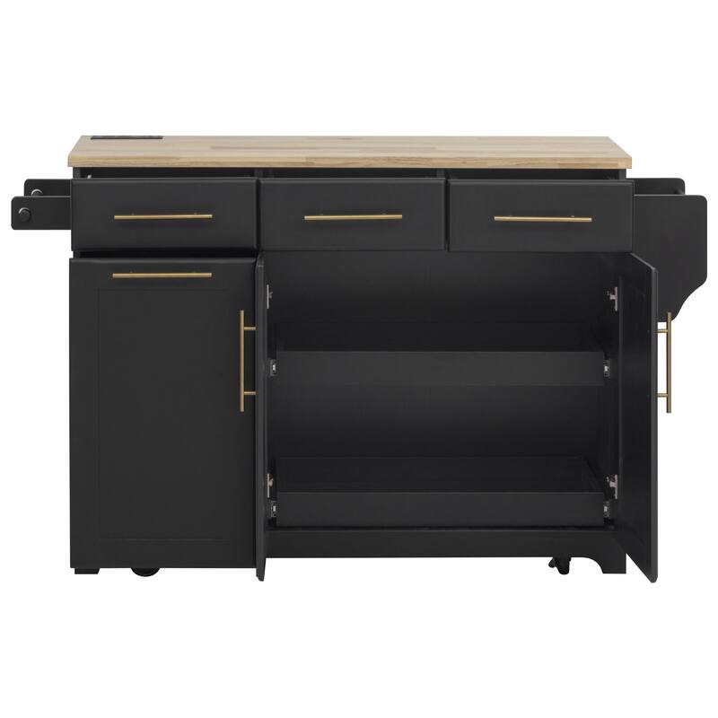 59.3" Rolling Kitchen Island with Storage 2 Pull Out Cabinet Organizers & Rubber Wood Drop Leaf,Trash Can Storage,Power Outlet