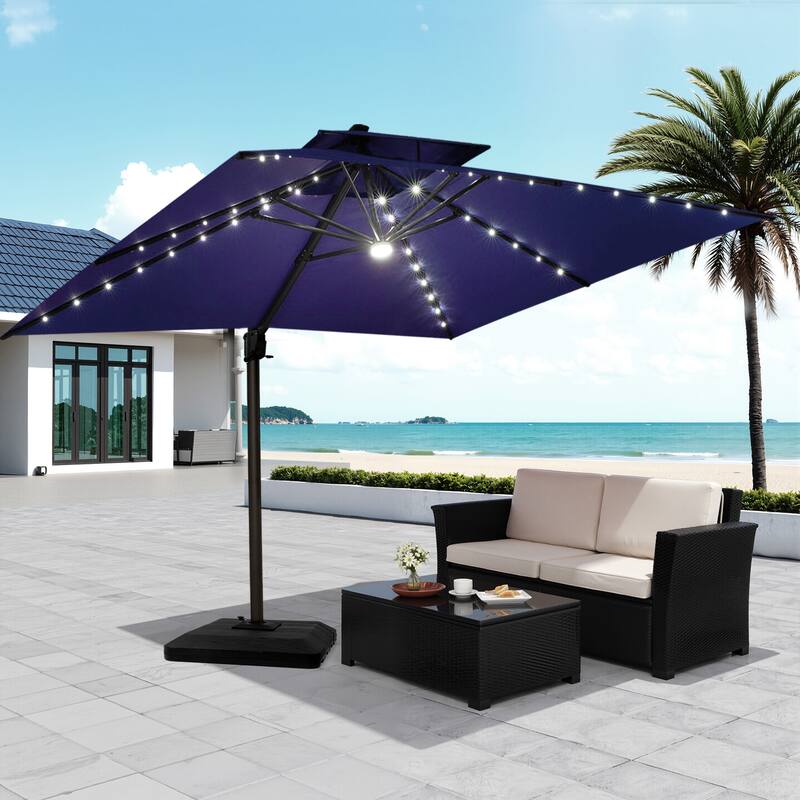Pellebant 9x11FT Outdoor Dual Top Cantilever Patio Umbrella LED Light with Premium Base Stand - NavyBlue
