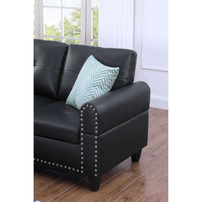 Faux Leather Sectional Sofa with Ottoman, Black