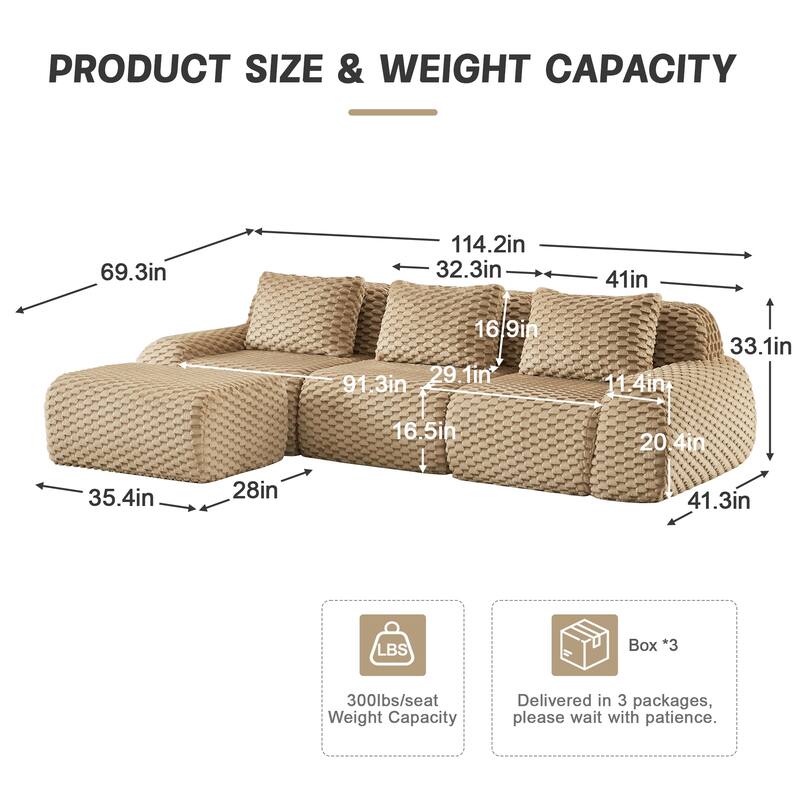 114" Modern L-Shaped Modular Sectional Sofa for Living Room, Flannelette Fabric, Oversized 3-Seater Couch, boneless sofa